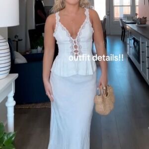 Reformation | Josefina 100% Linen Lace Button-Front V Neck Peplum Top in White